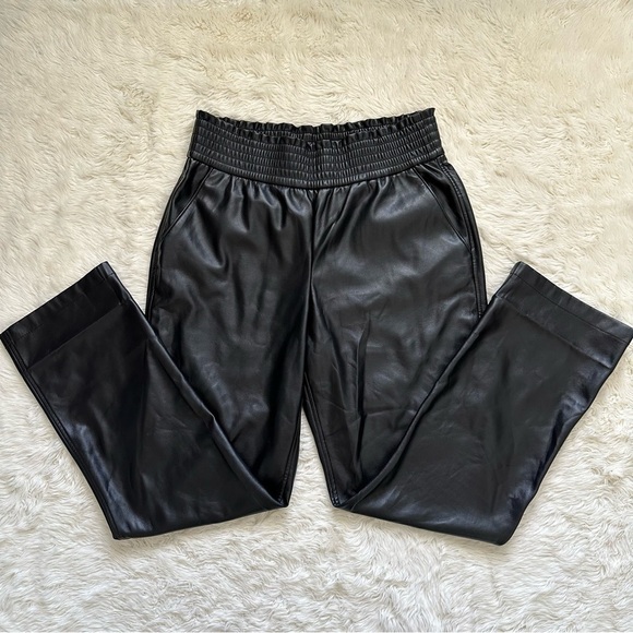 Joie Pants Faux Leather Smocked Elastic High Waist Pull On Straight Leg Black L - Picture 1 of 11